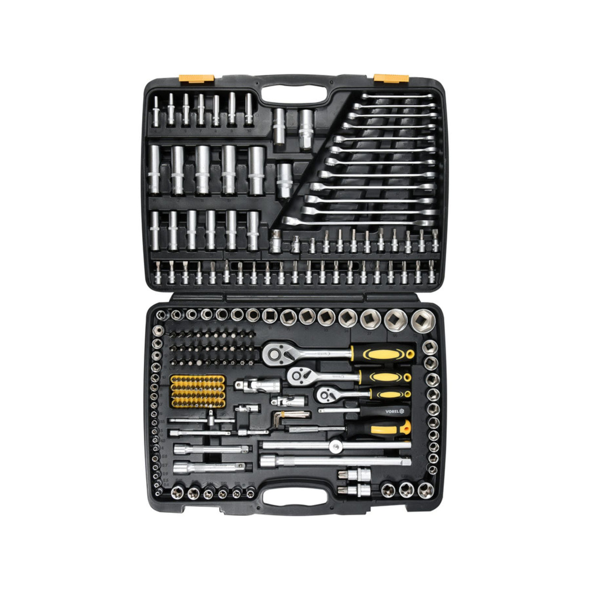Mechanical tool set with various tools in a black case on a white background