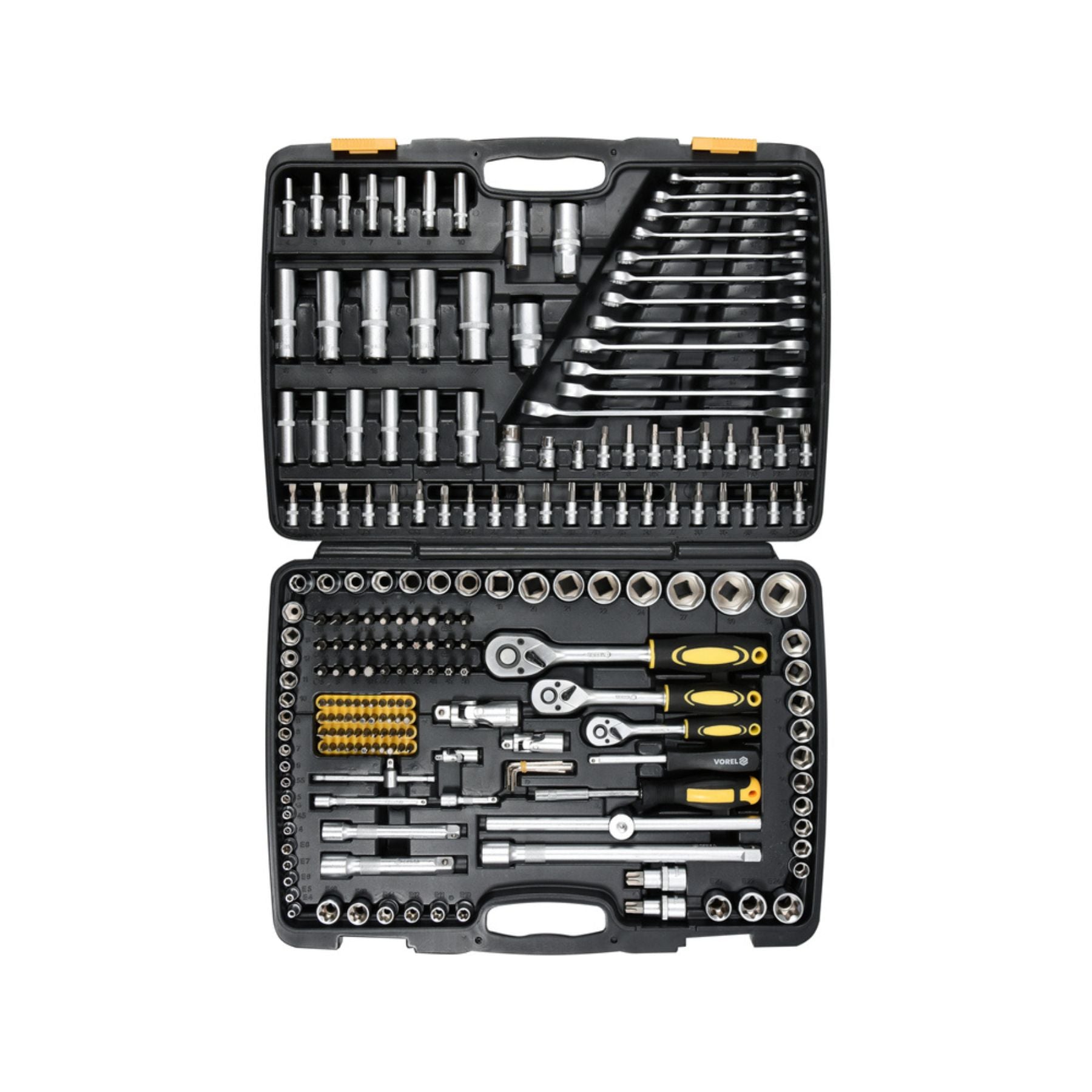 Mechanical tool set with various tools in a black case on a white background