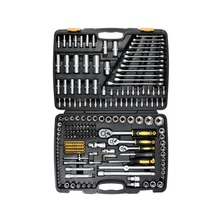 Mechanical tool set with various tools in a black case on a white background