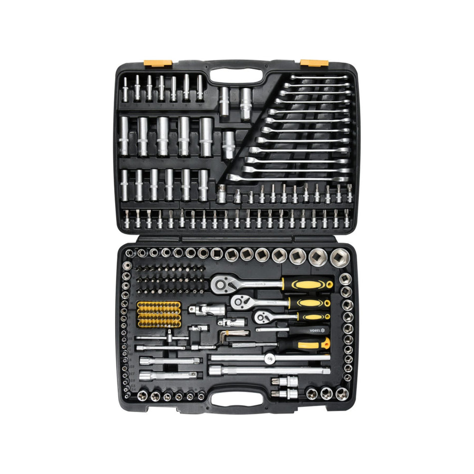 Mechanical tool set with various tools in a black case on a white background