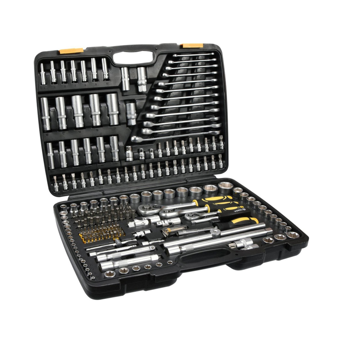 Mechanical tool set in a black case on a white background