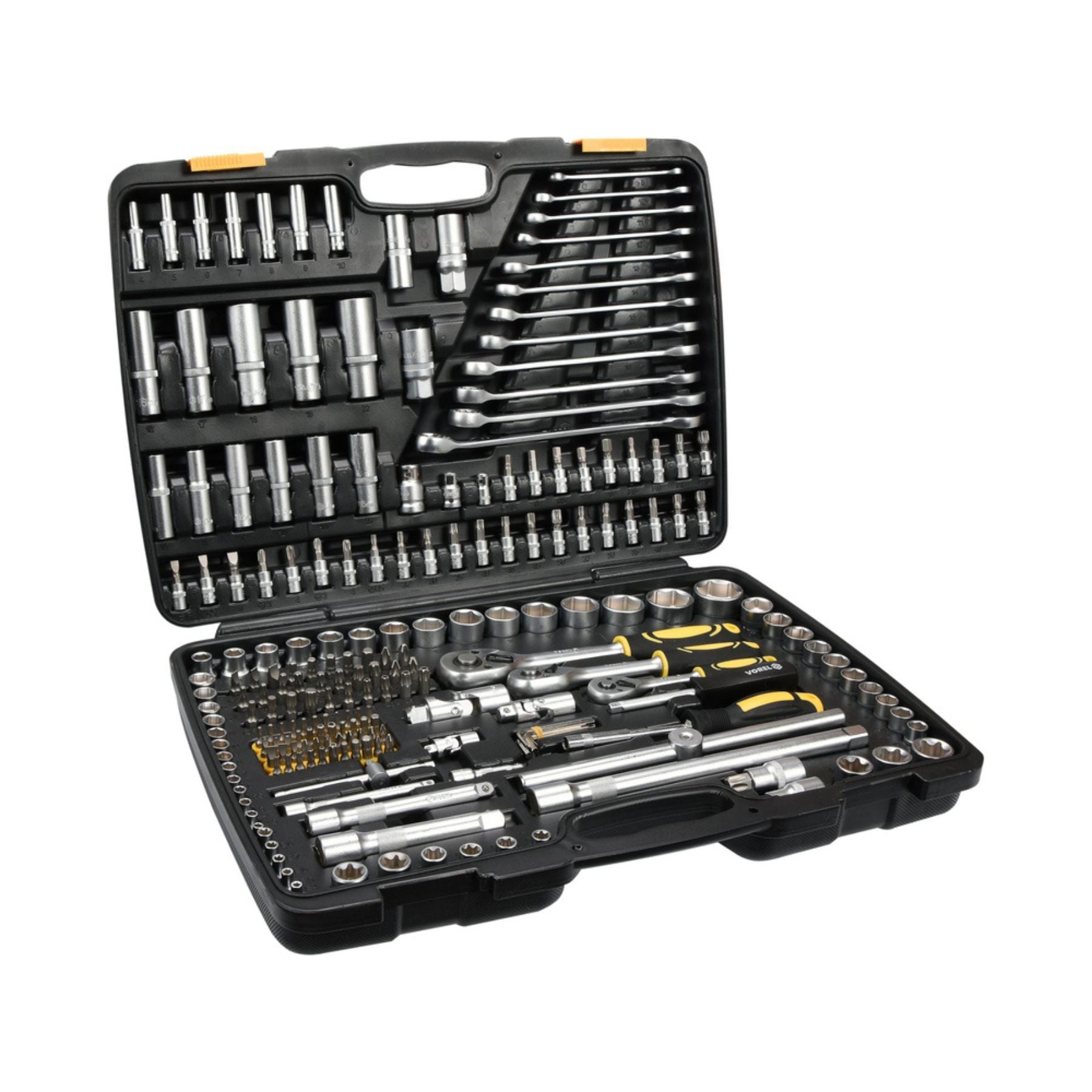 Mechanical tool set in a black case on a white background