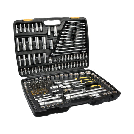 Mechanical tool set in a black case on a white background