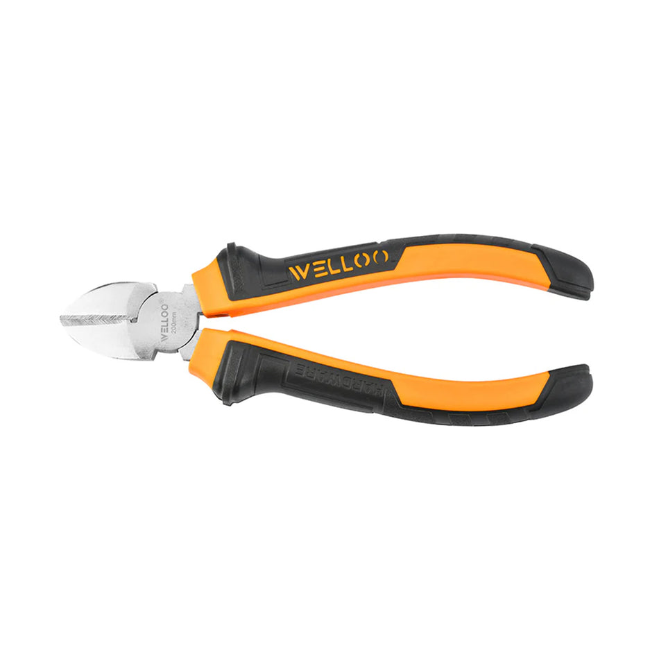 Pair of wire cutters with orange and black handles on a white background