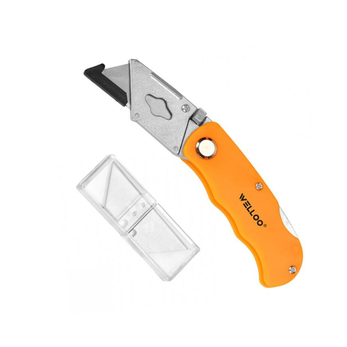 Orange utility knife with a transparent blade cover on a white background
