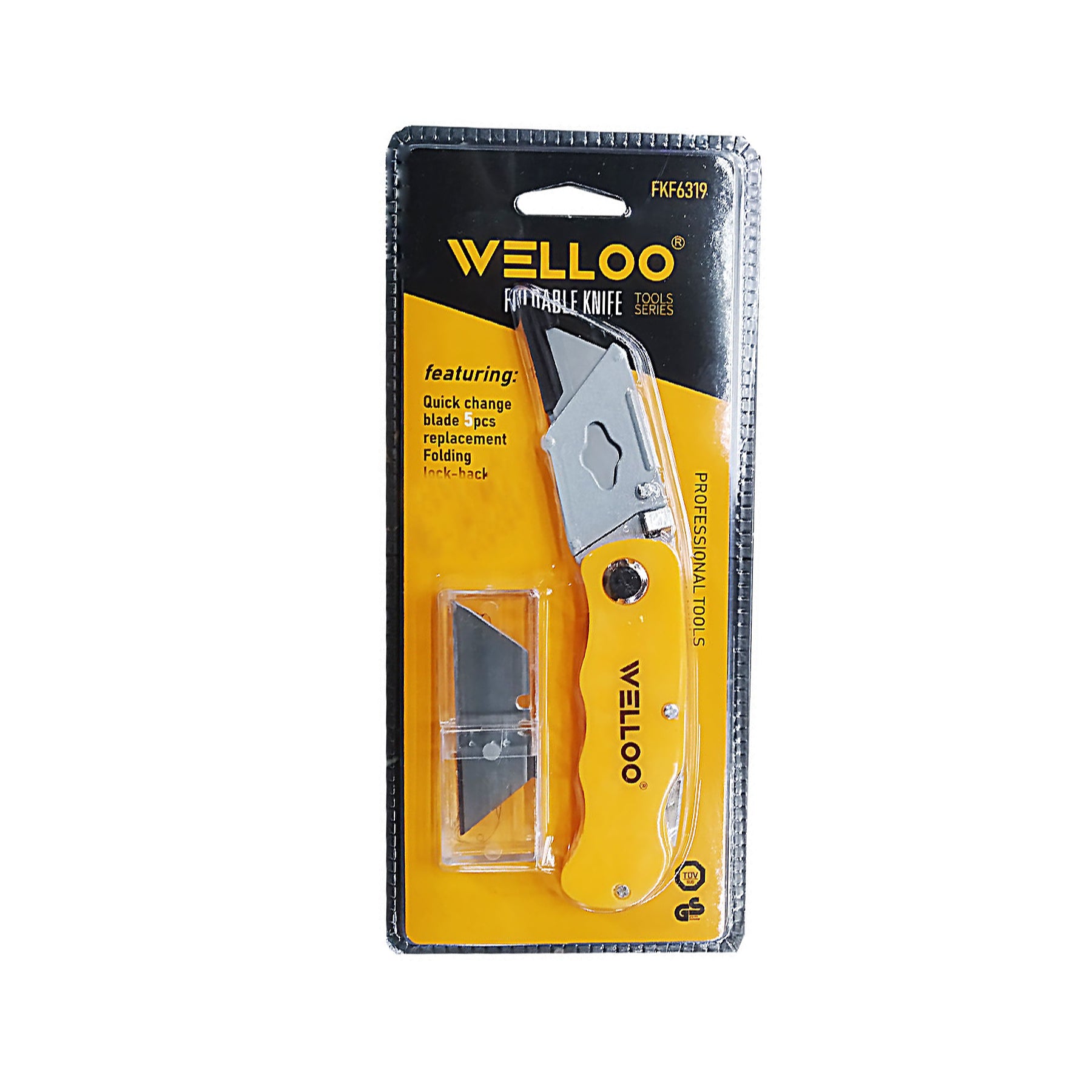 Welloo folding knife with a clear plastic cover on a white background