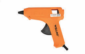 Orange glue gun with black accents on a white background