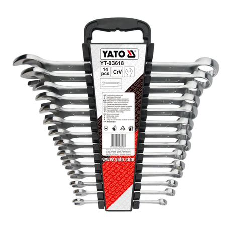 A 14-piece set of YATO adjustable wrenches in a black plastic carrying case with a red and white label, shown on a plain white background.
