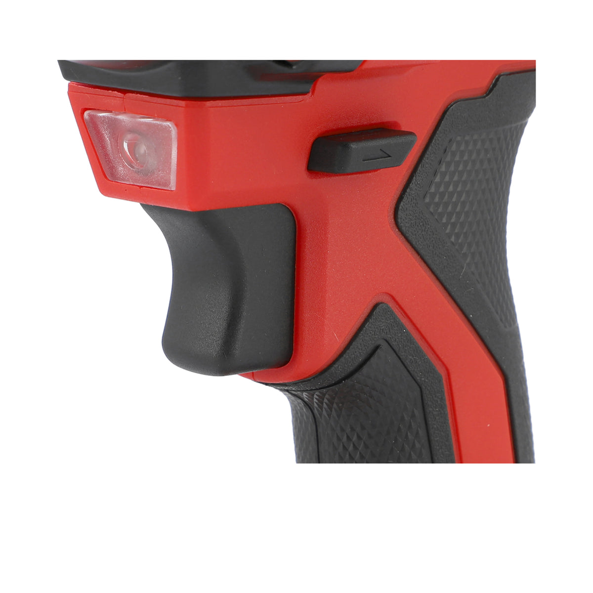 Close-up of a red and black power tool handle on a white background