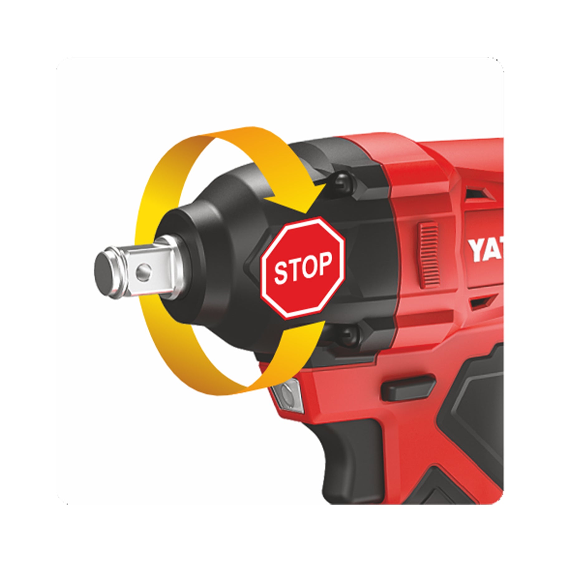 Red and black impact wrench with a stop sign symbol on a white background