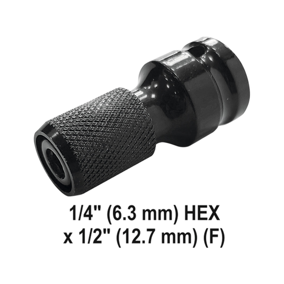 Black hex adapter with size specifications on a white background