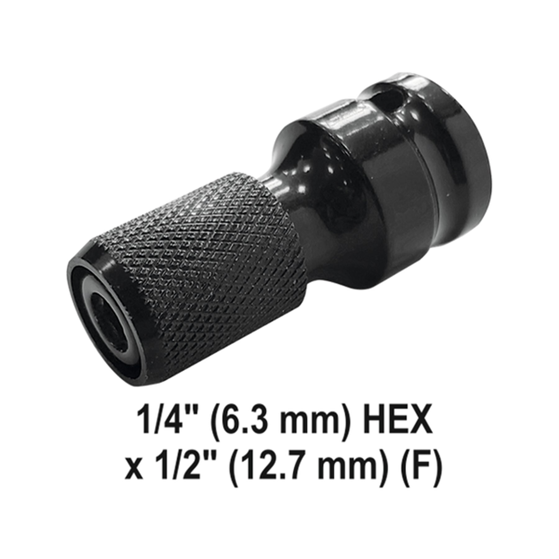Black hex adapter with size specifications on a white background