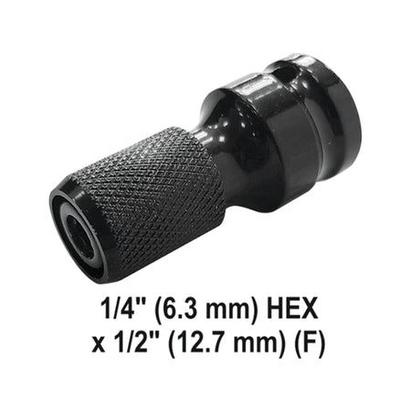 Black hex adapter with size specifications on a white background