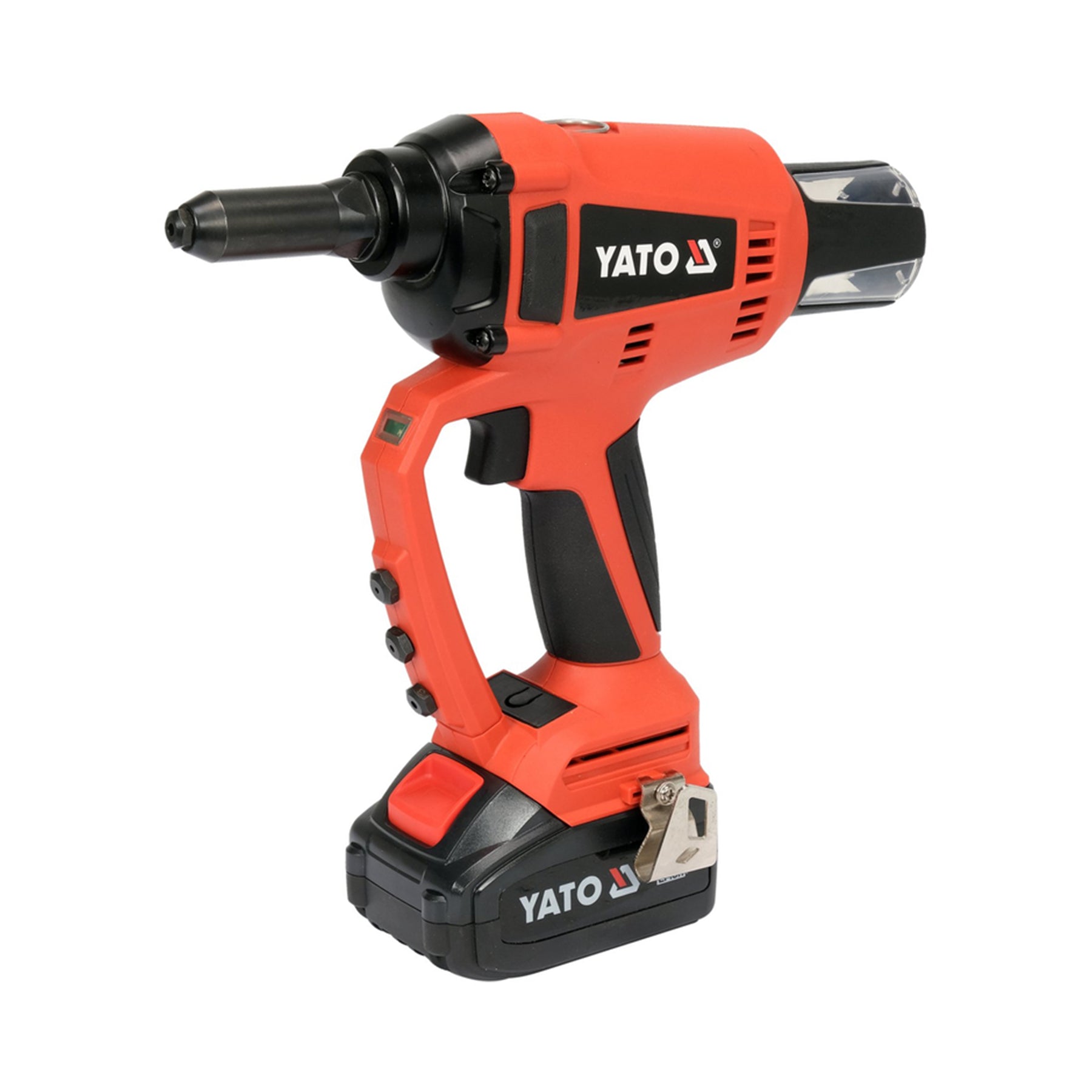 Red and black Yato cordless drill on a white background