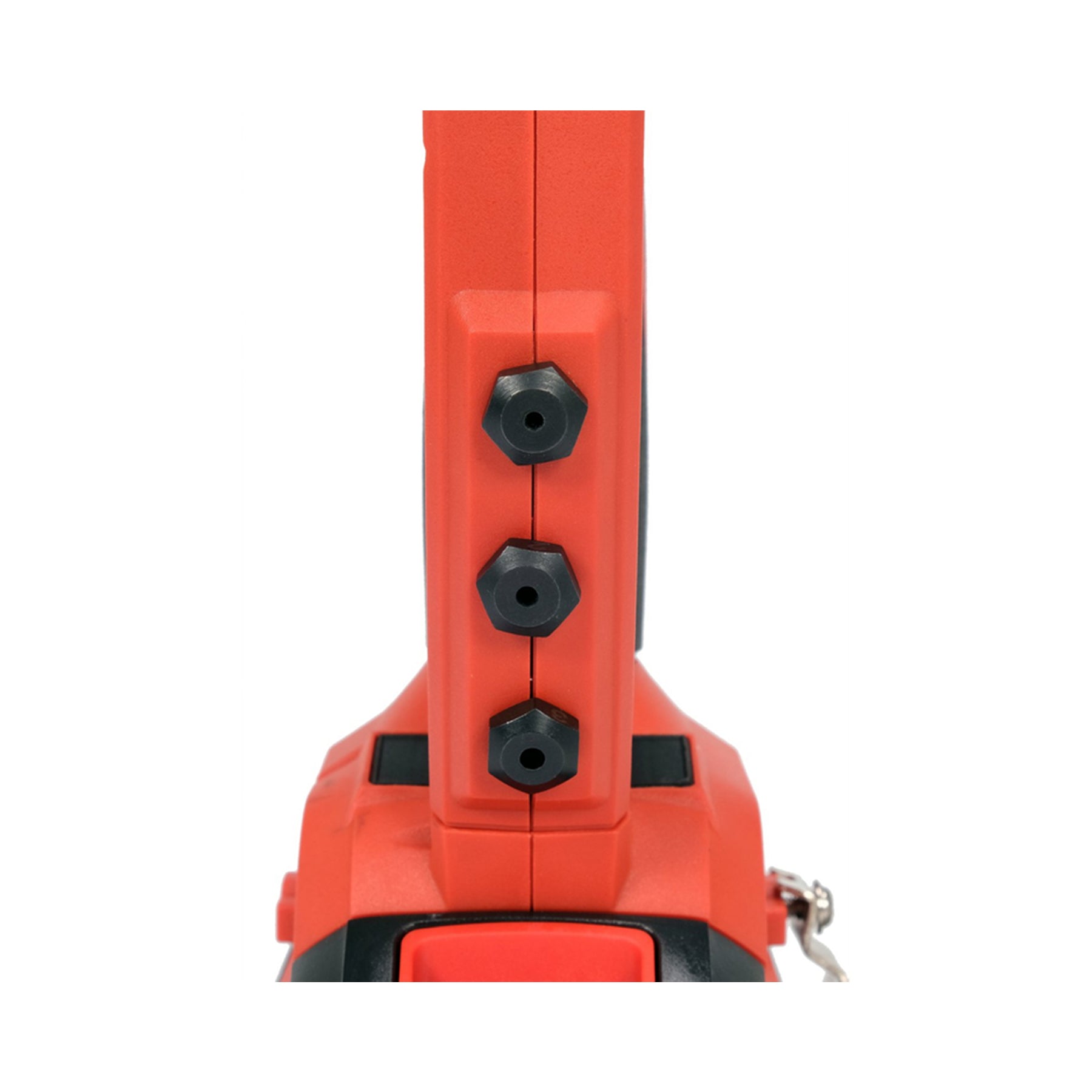 Close-up of a red tool with black hexagonal screws on a white background