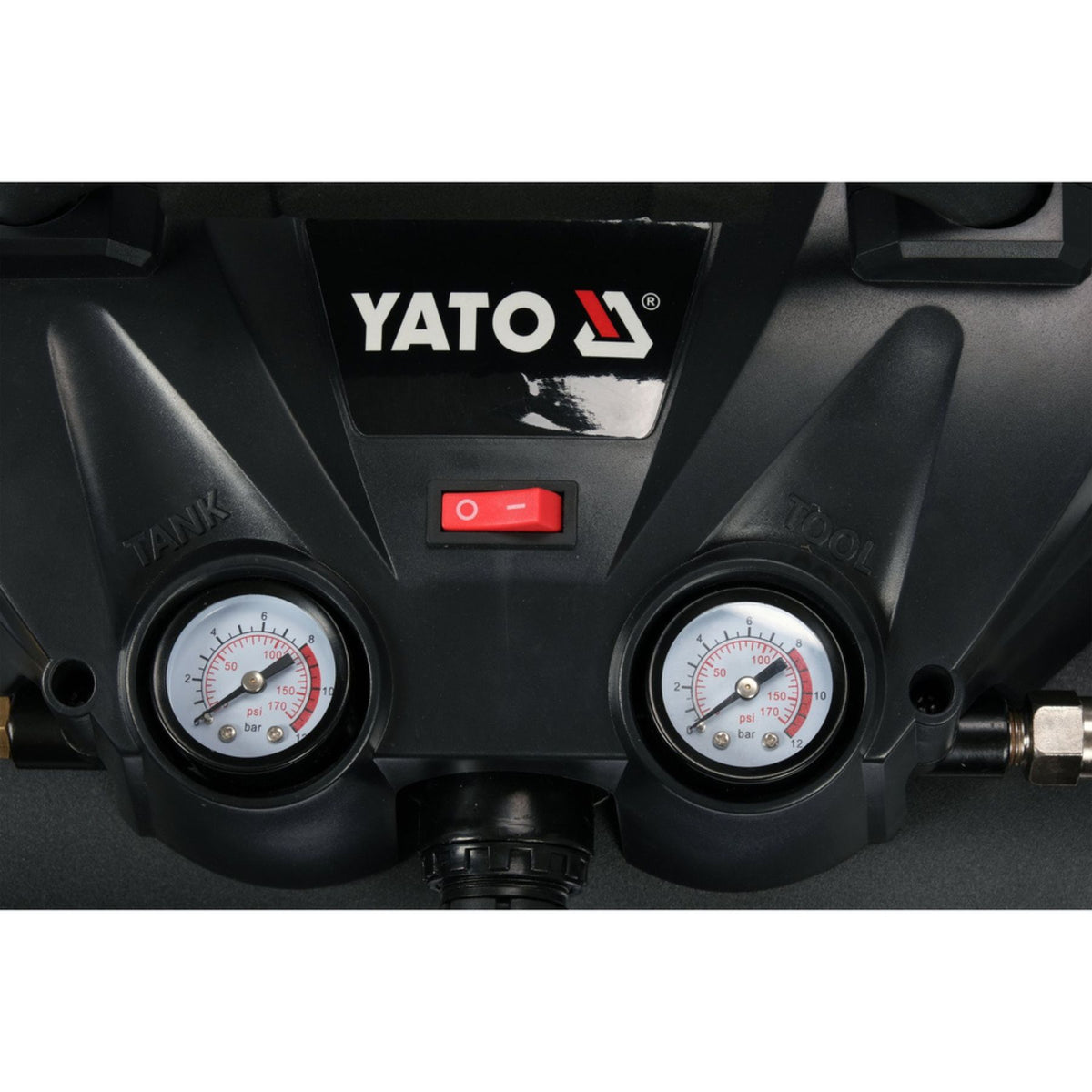 YATO branded air compressor with pressure gauges on a white background