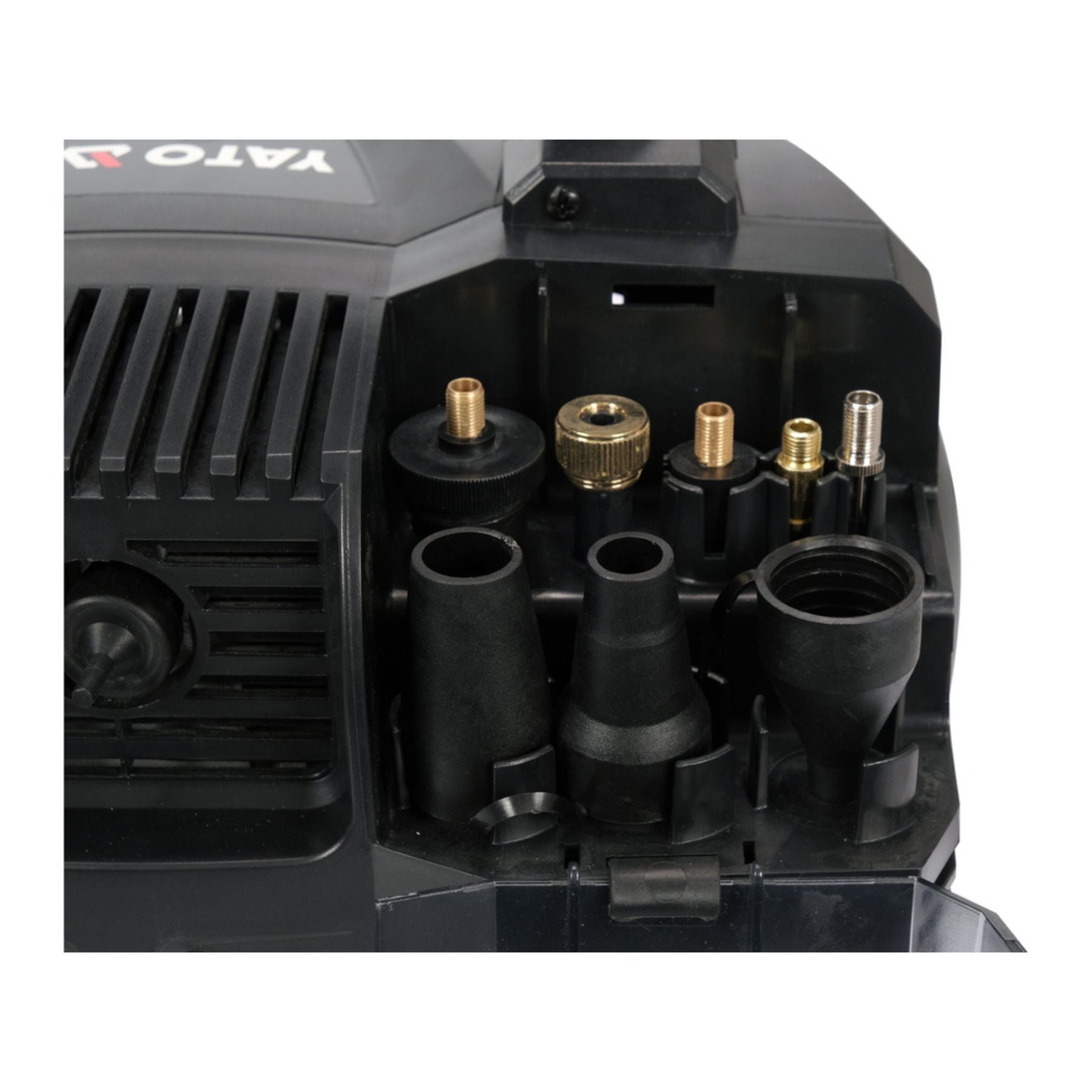 Yato power tool with various nozzles inside a black container on a white background