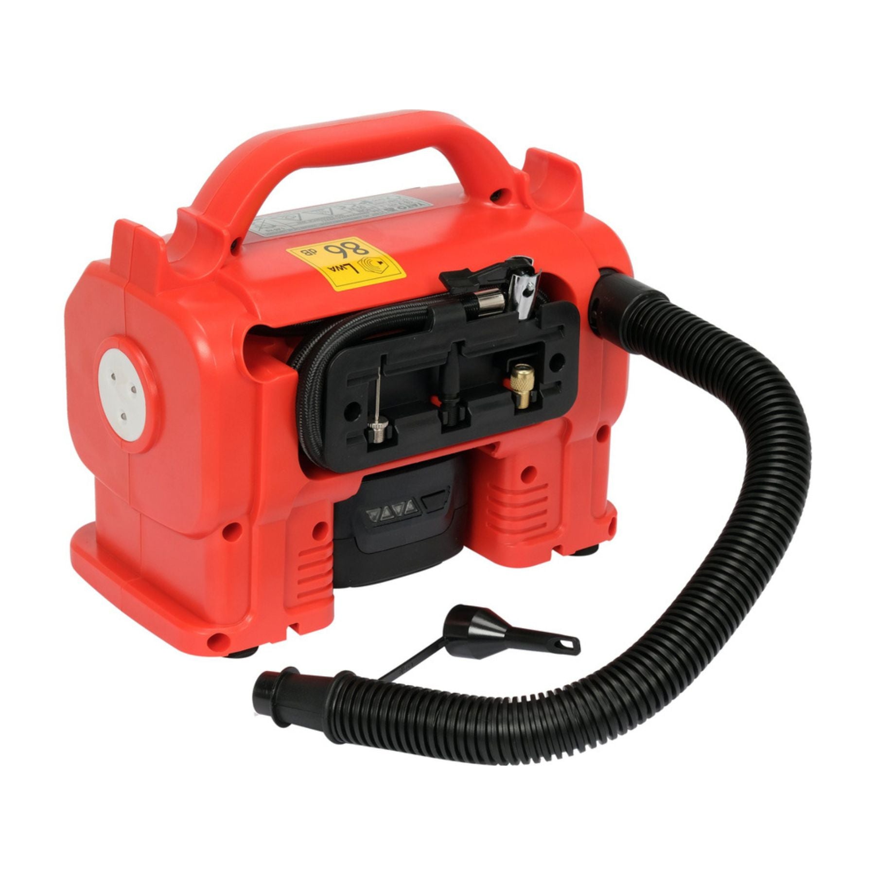 Red portable air compressor with black hose on a white background