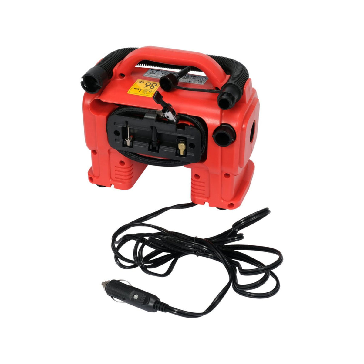 Red portable jump starter with black cable on a white background