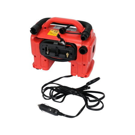 Red portable jump starter with black cable on a white background