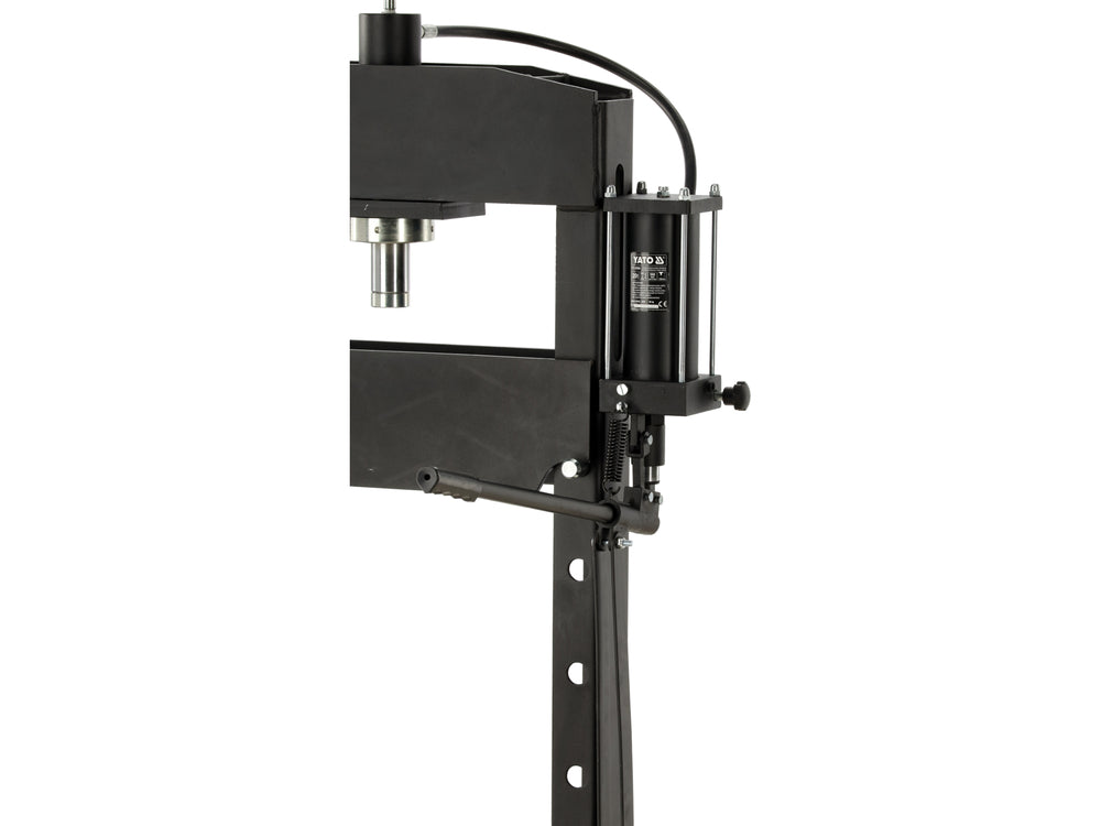 Black metal stand with adjustable arm on a white background