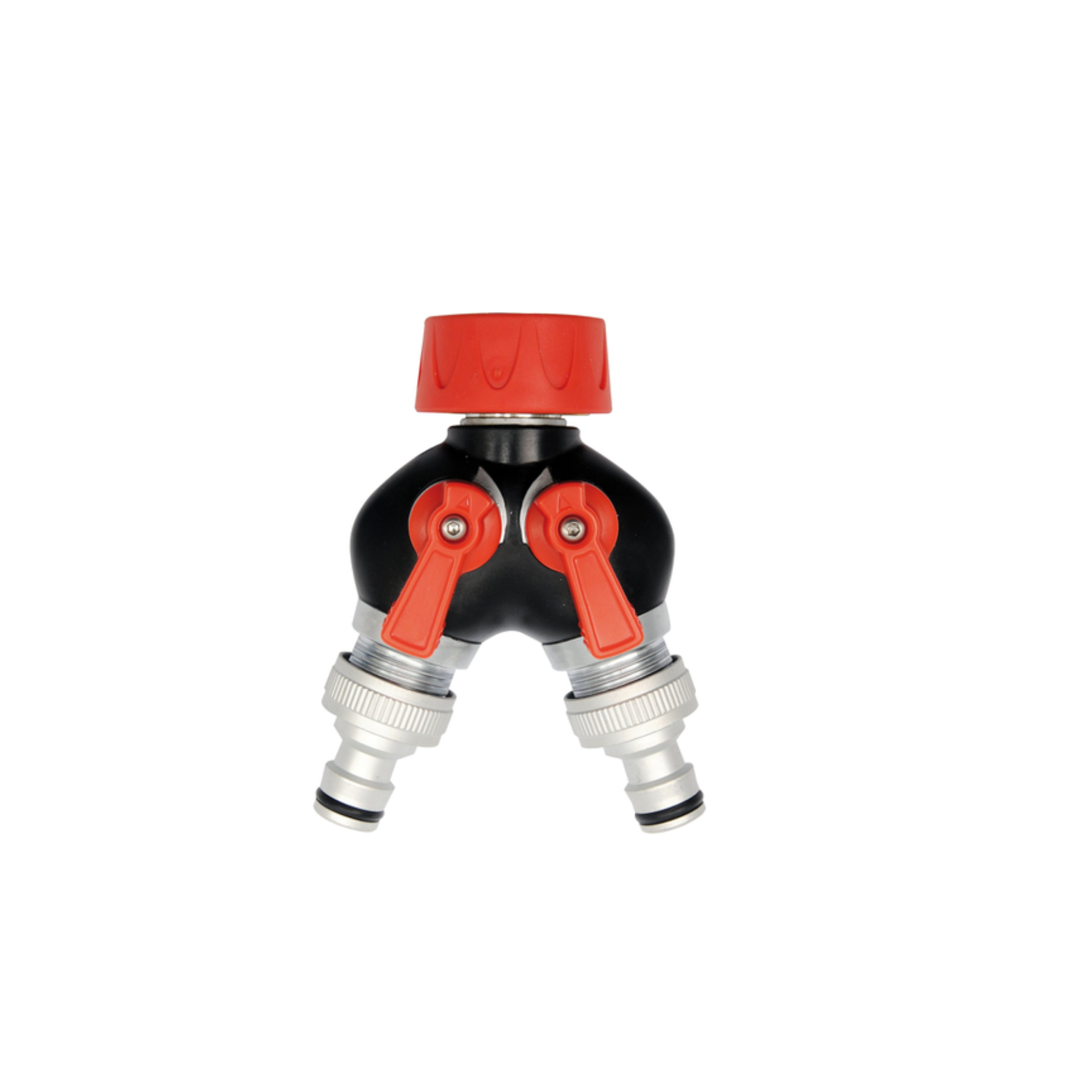 Garden hose splitter with red cap and connectors on a white background