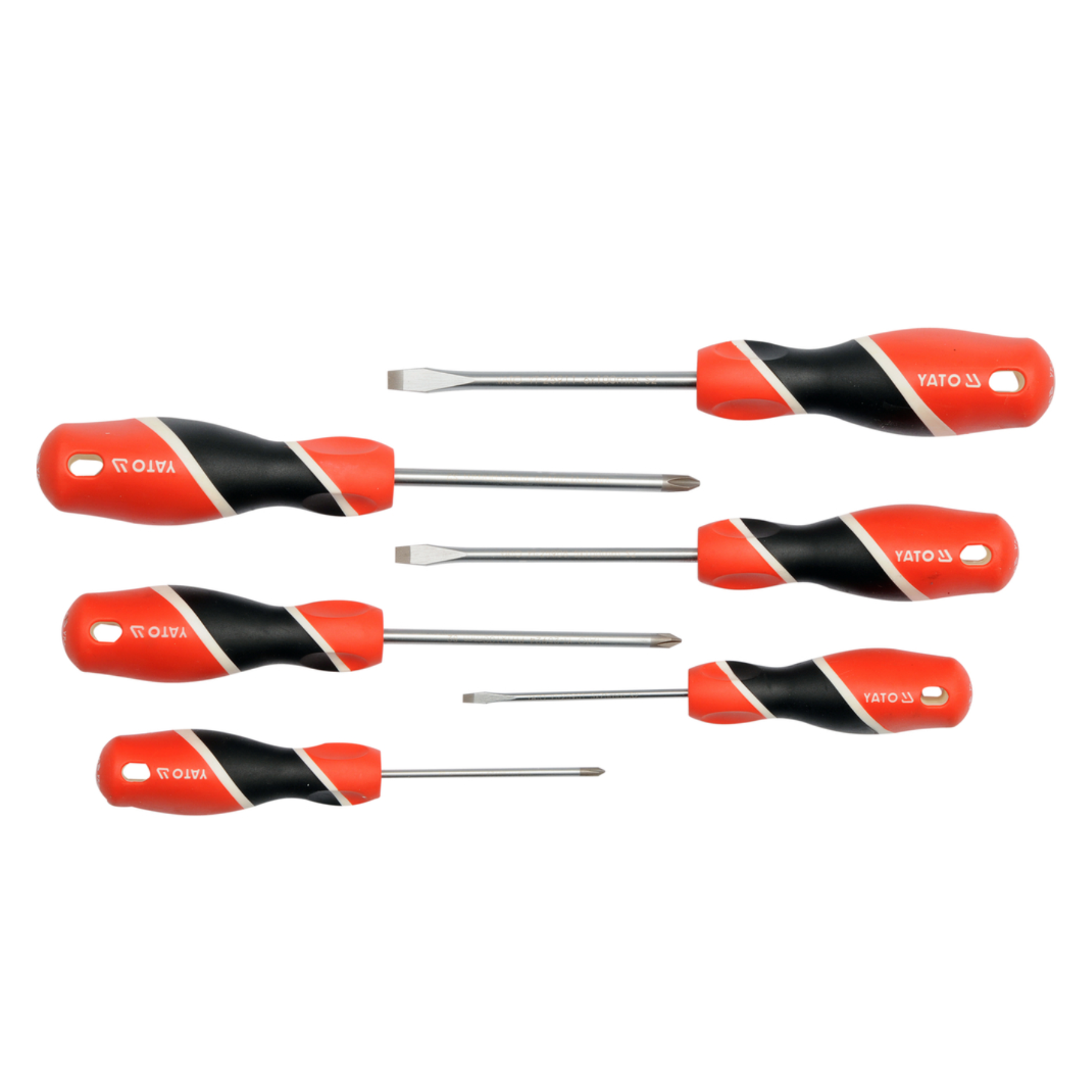 A set of six flathead screwdrivers with red and black ergonomic handles, arranged horizontally on a plain white background.