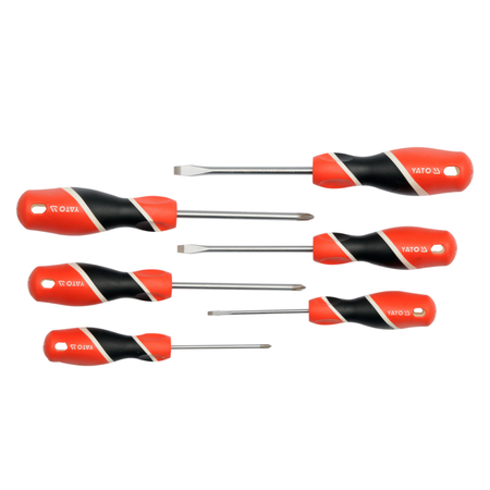 A set of six flathead screwdrivers with red and black ergonomic handles, arranged horizontally on a plain white background.