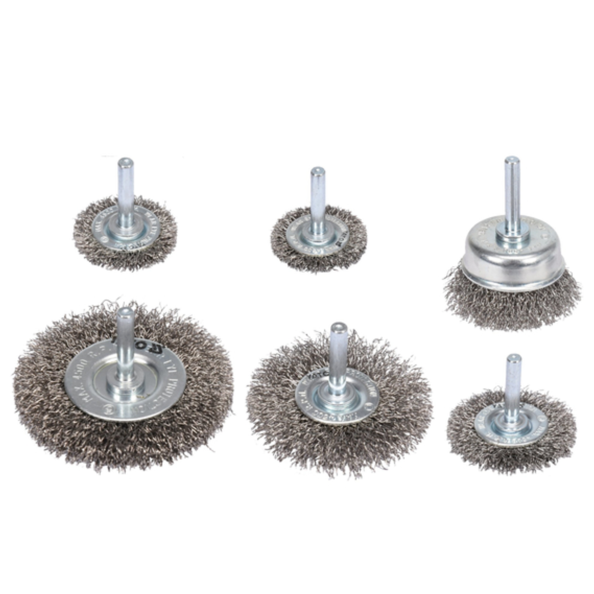 Set of six wire brush wheels with metal bases on a white background
