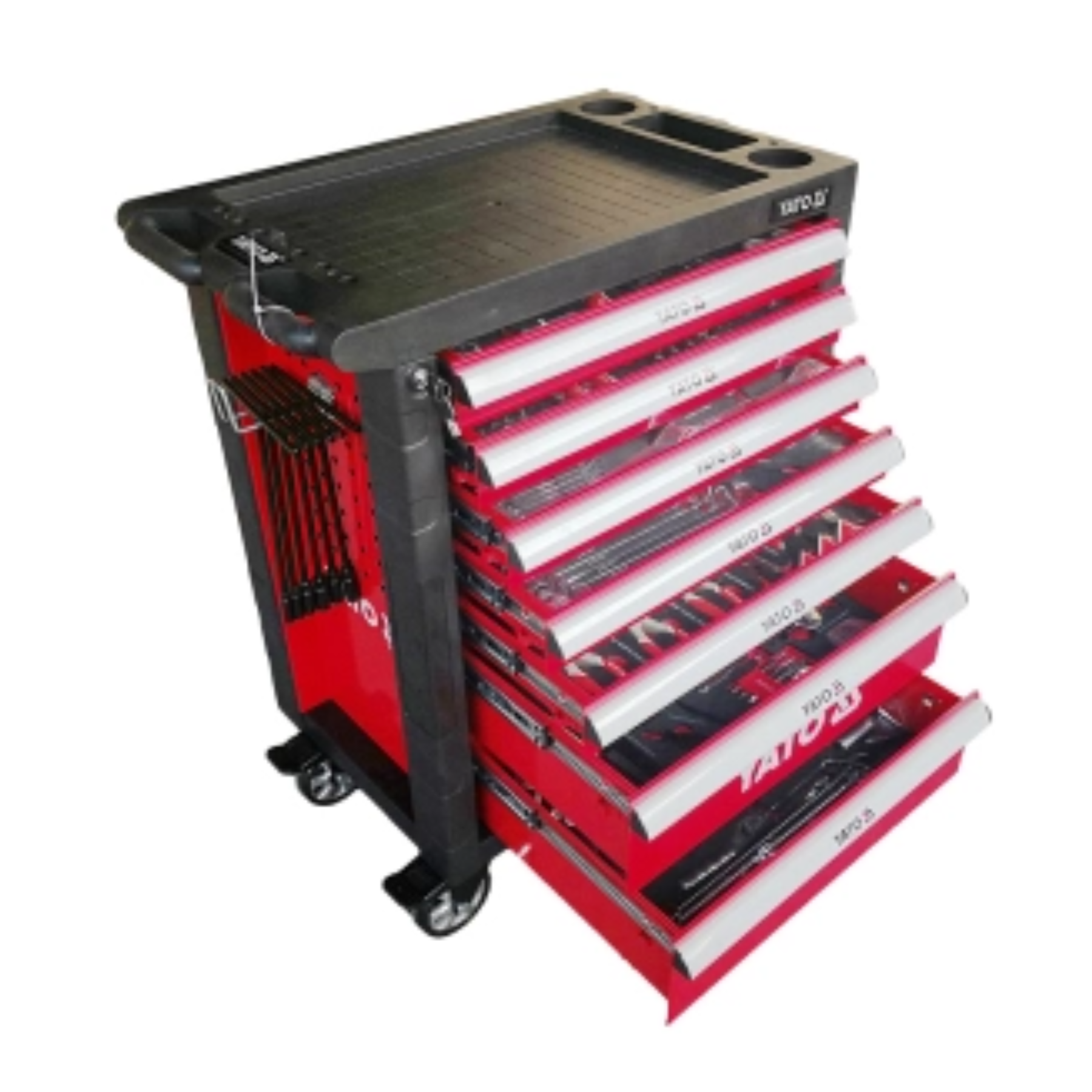Red and black tool chest with multiple drawers on a white background