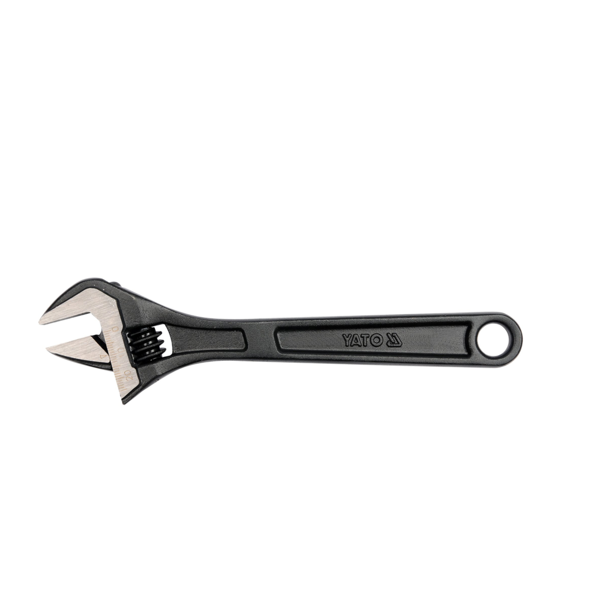 Adjustable wrench with black handle on a white background
