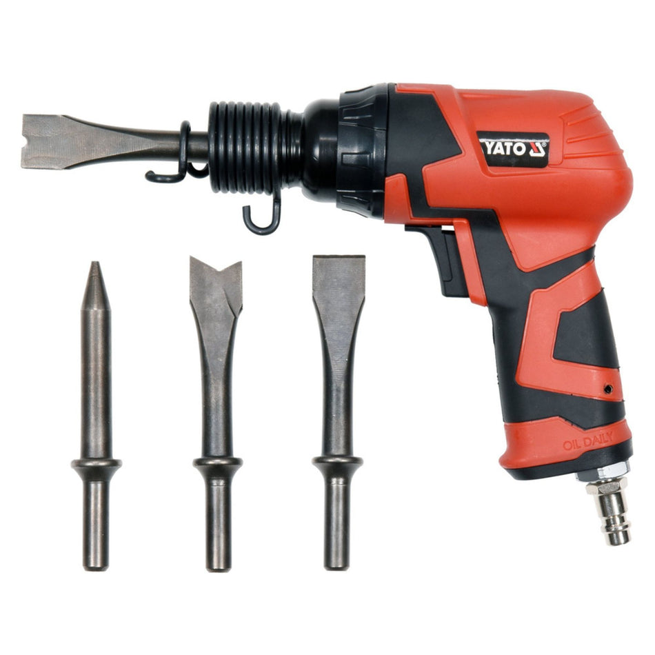Red and black drill with interchangeable bits on a white background