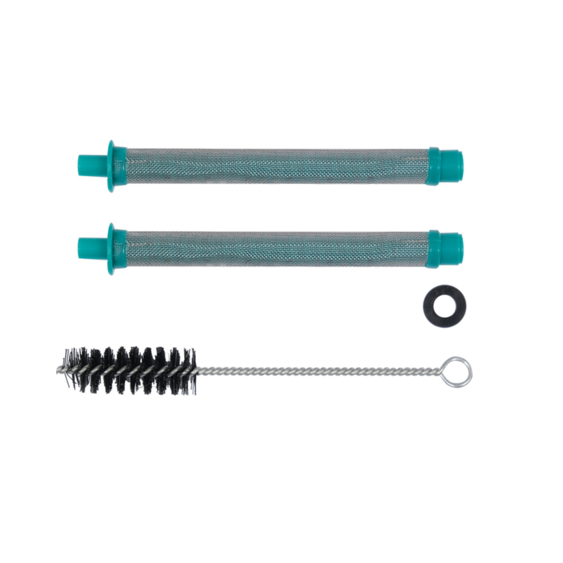 Cleaning brush set with two cylindrical filters and a brush on a white background