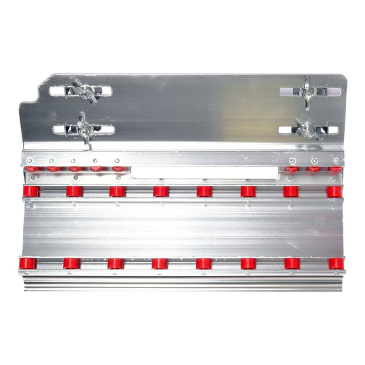 A silver aluminum metal mounting bracket with multiple red cylindrical rubber feet and silver mounting hardware, shown against a plain white background.