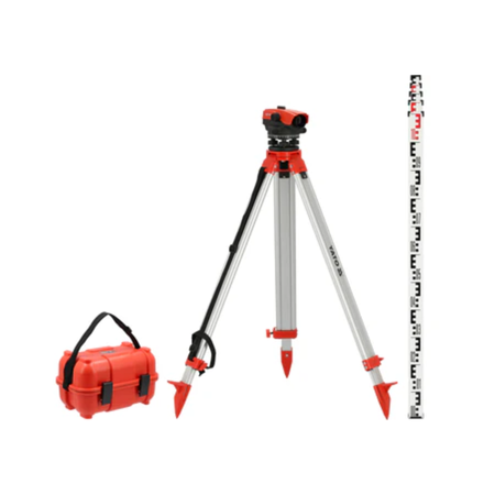 Surveying equipment with tripod, case, and measuring rod on a white background