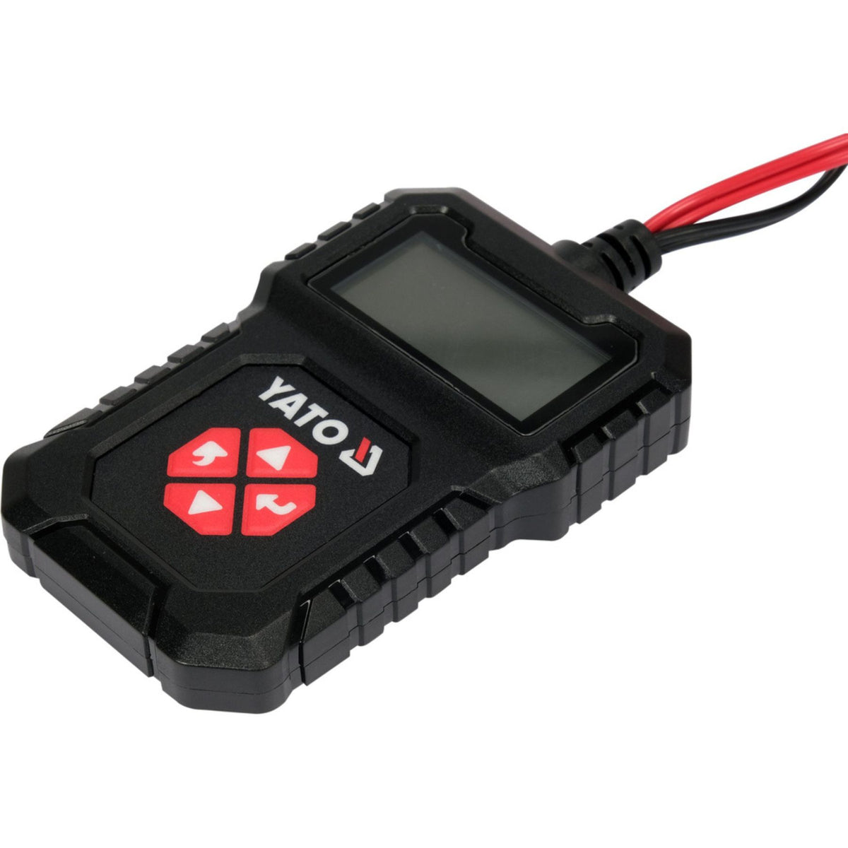 Black battery tester with red and white accents on a white background