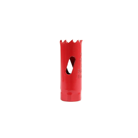 Red hole saw bit on a white background