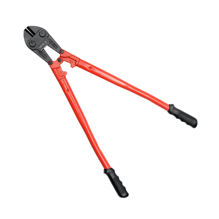A pair of red and black bolt cutters on a solid white background.