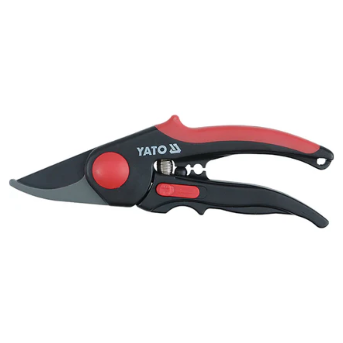 Yato garden pruner with red and black handles on a white background