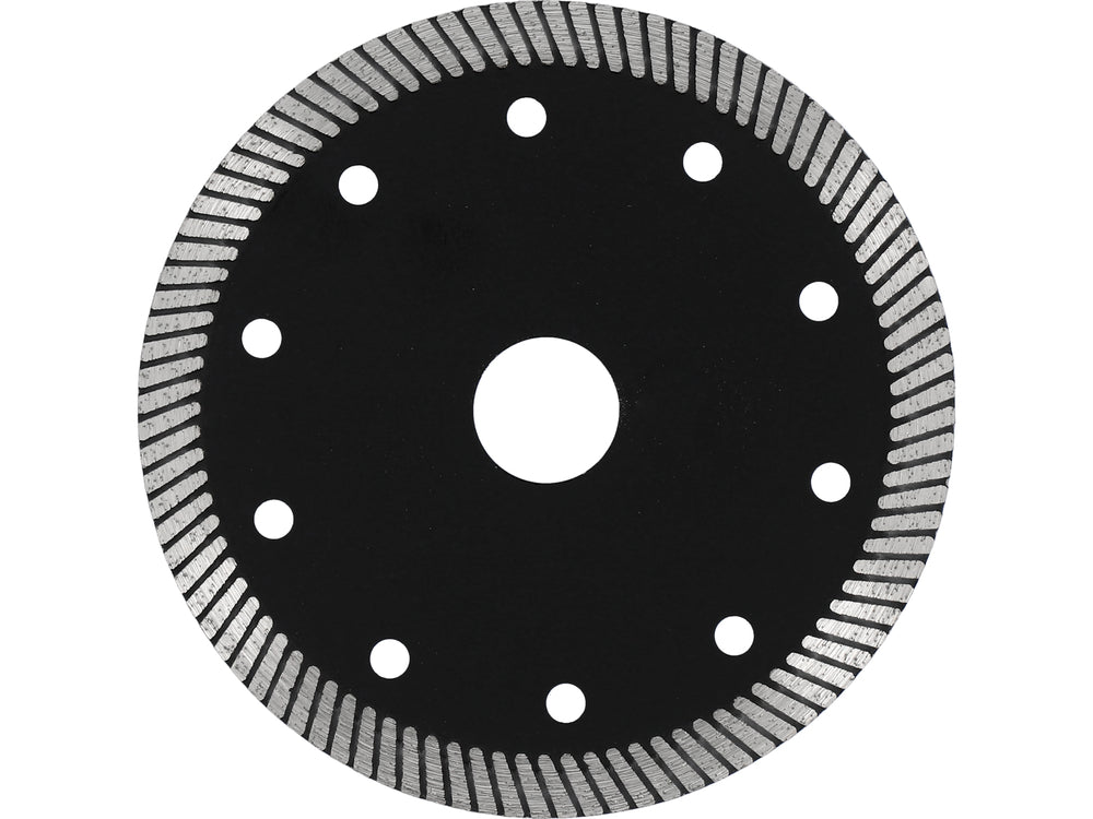 Diamond cutting wheel with a black center and silver rim on a white background