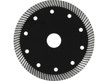 Diamond cutting wheel with a black center and silver rim on a white background
