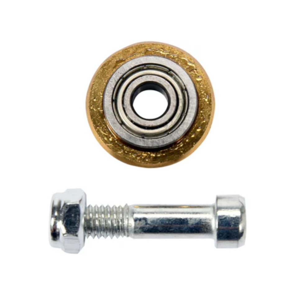 Metal bearing with gold rim and bolt on a white background