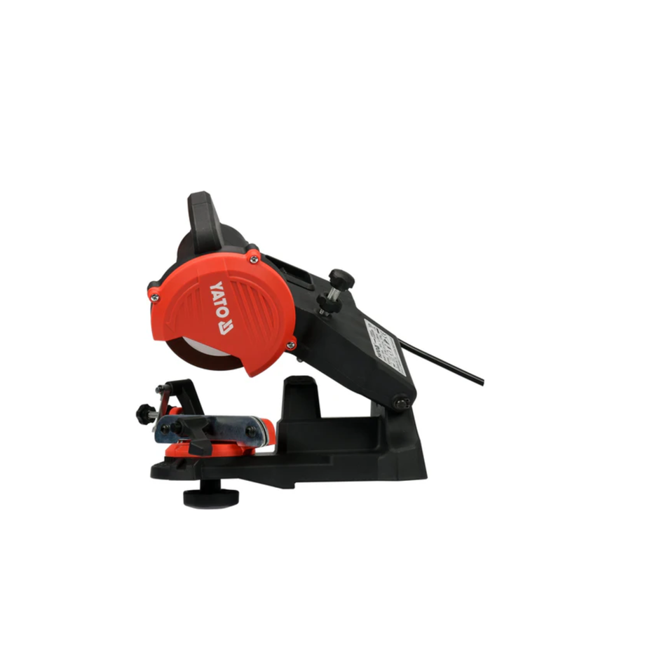 Circular saw with red and black design on a white background