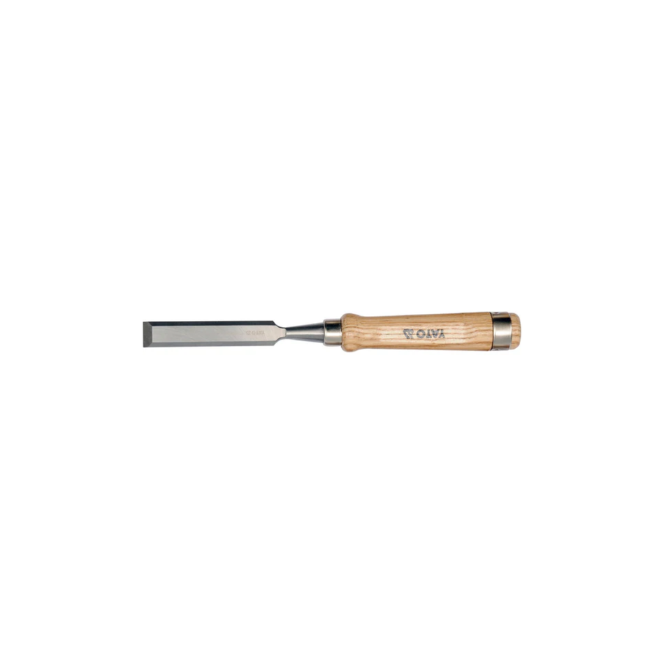 Wood chisel with a wooden handle on a white background