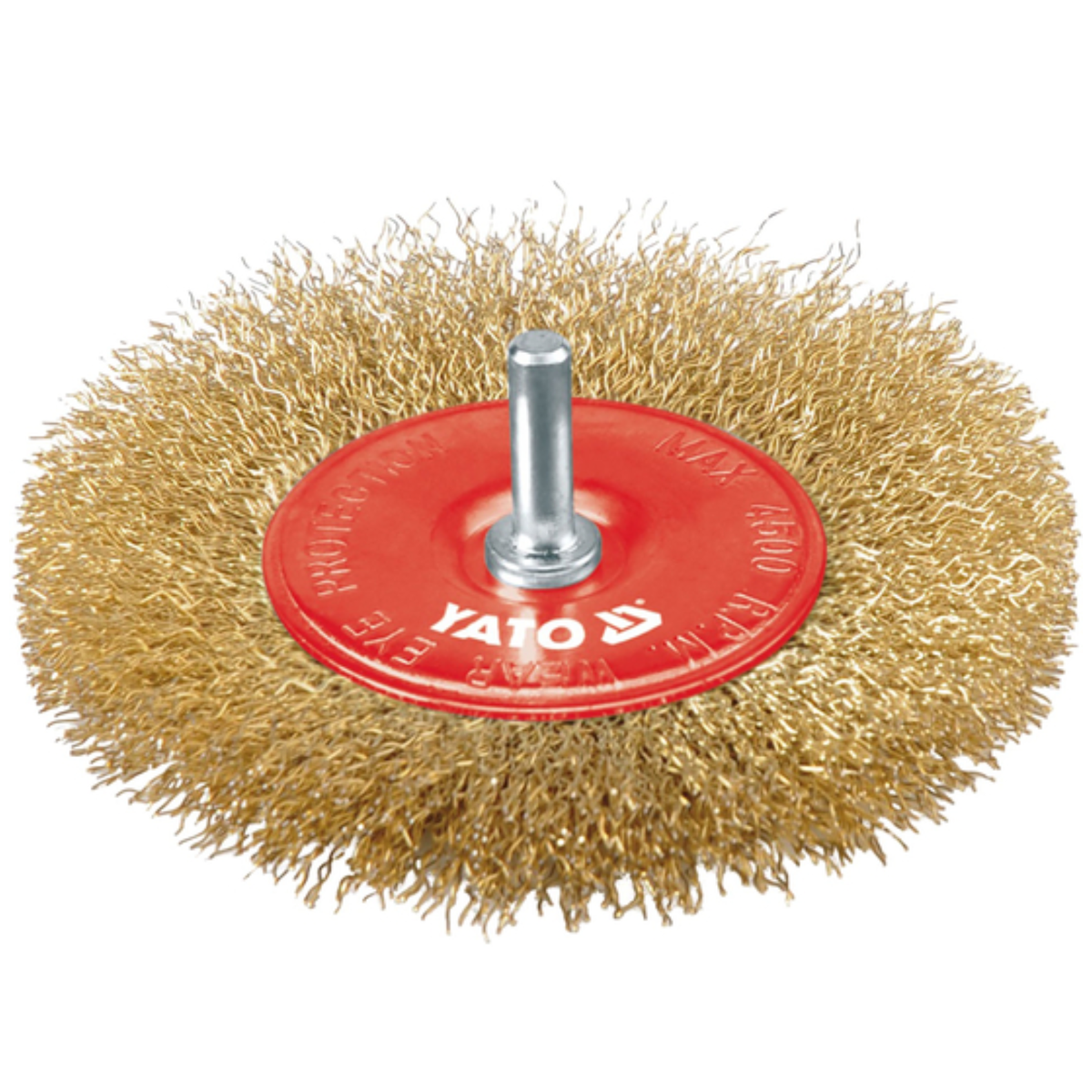 Brass wire brush with red backing plate on a white background