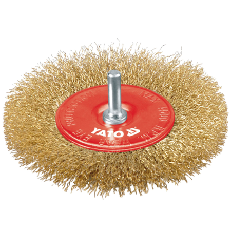 Brass wire brush with red backing plate on a white background