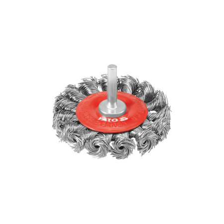 Wire brush with red backing plate on a white background