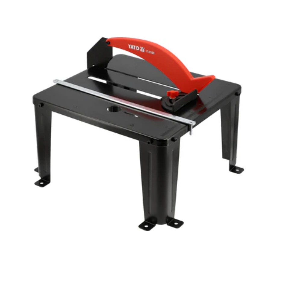 Black table saw with red handle on a white background