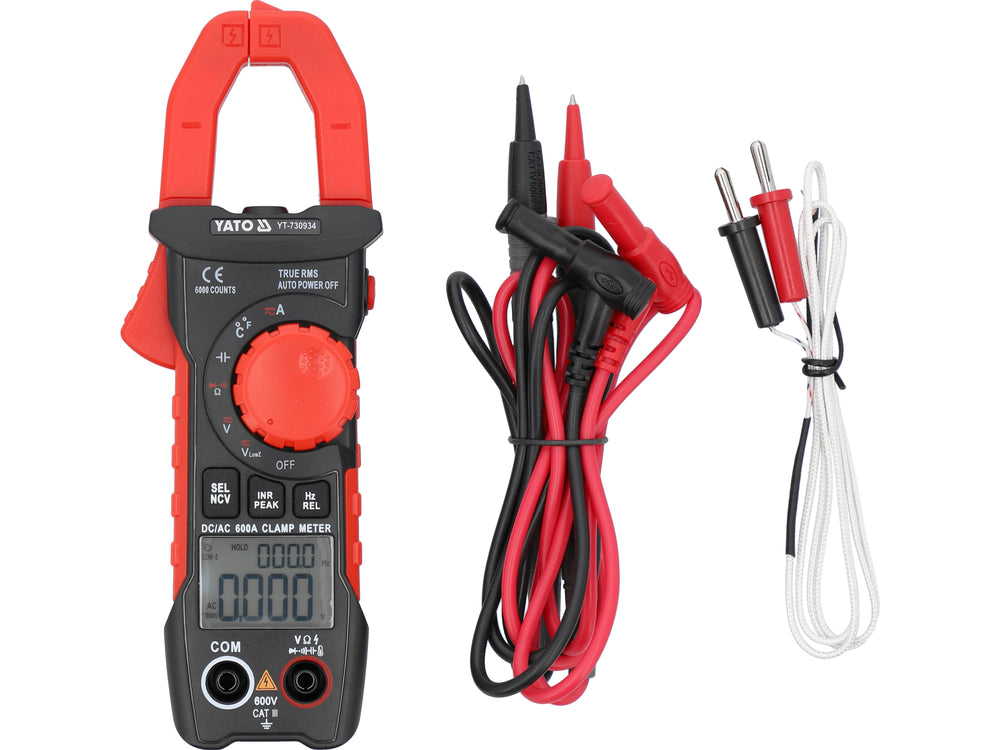 Digital multimeter with red and black probes on a white background