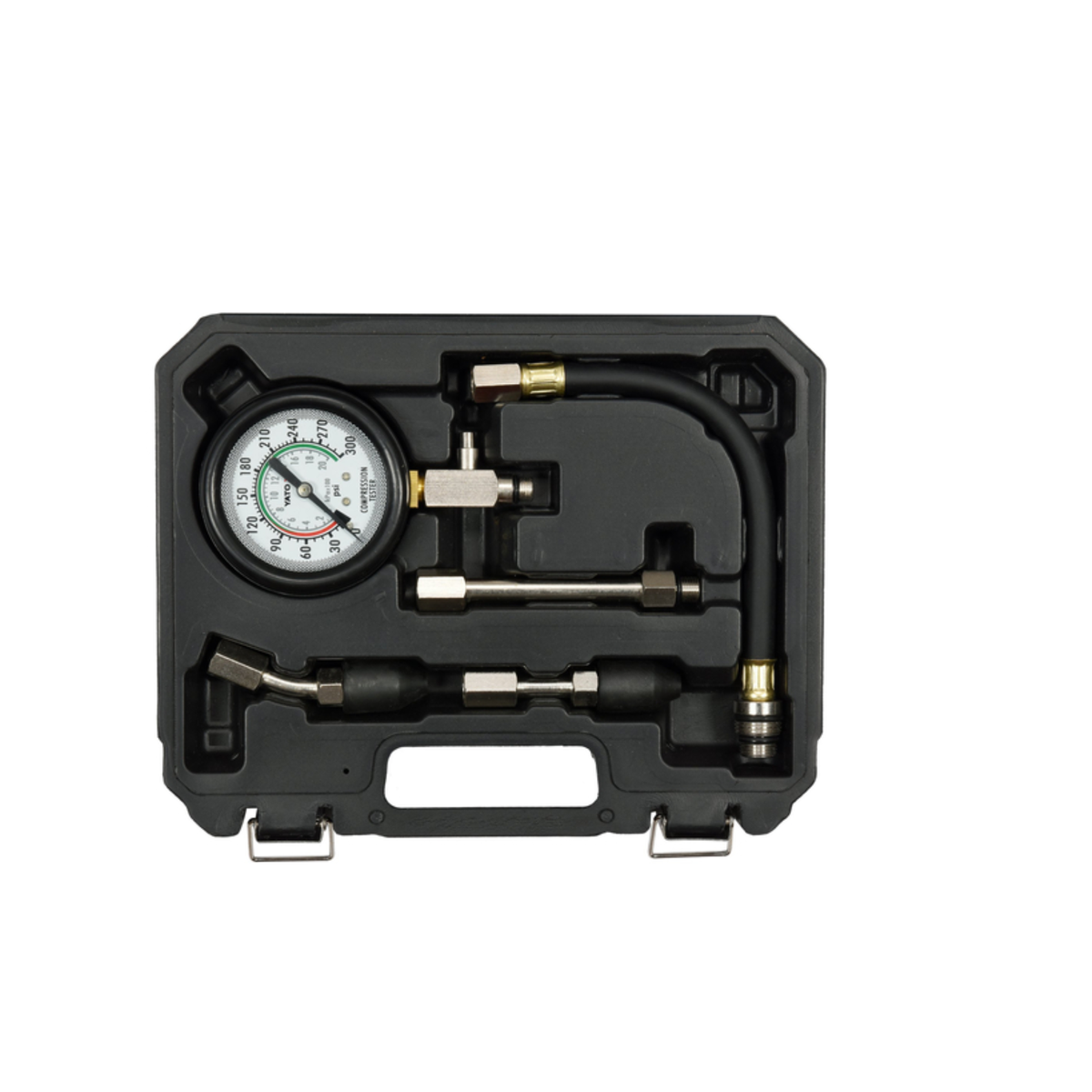Car maintenance tool kit with pressure gauge on a white background